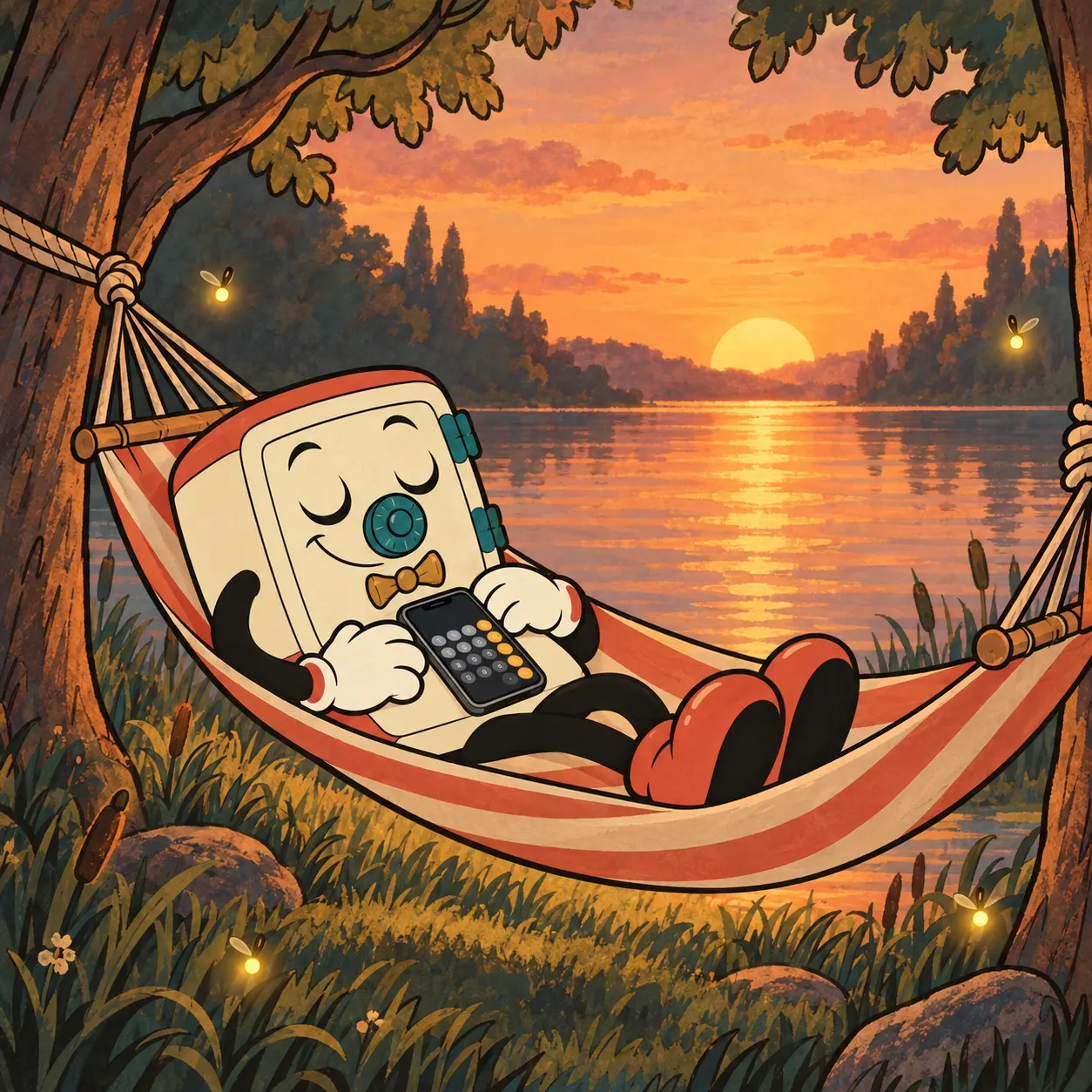Sam dozes in a hammock at sunset, an ordinary app on his phone.
