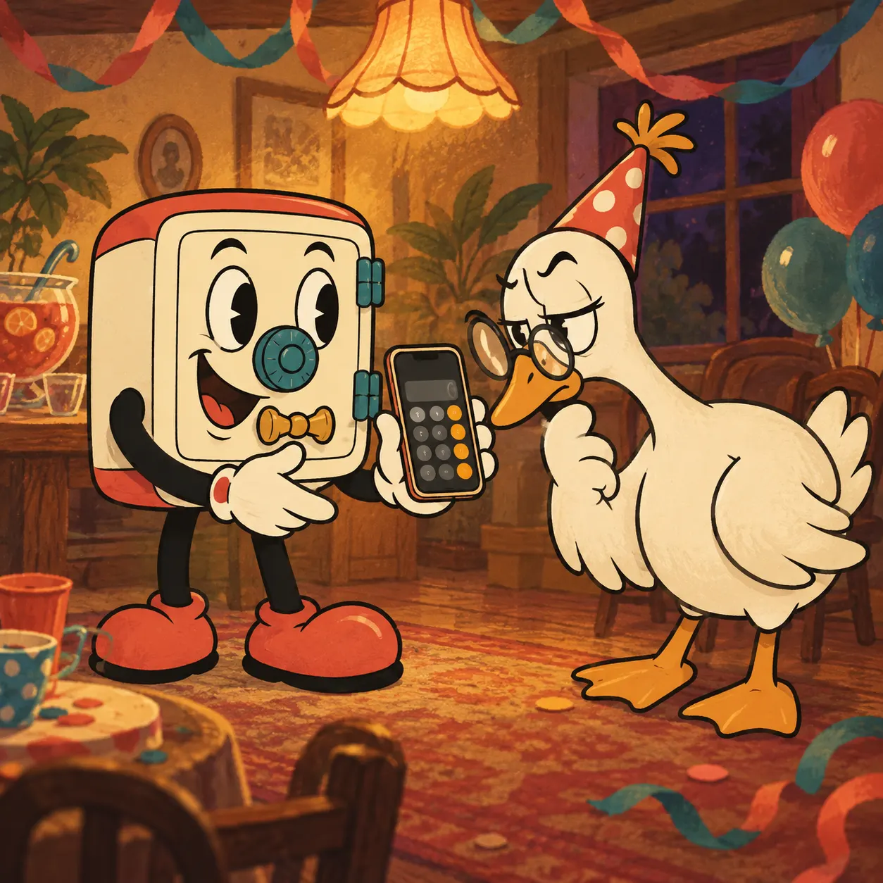 Sam shows a curious goose a phone with an ordinary app on it.
