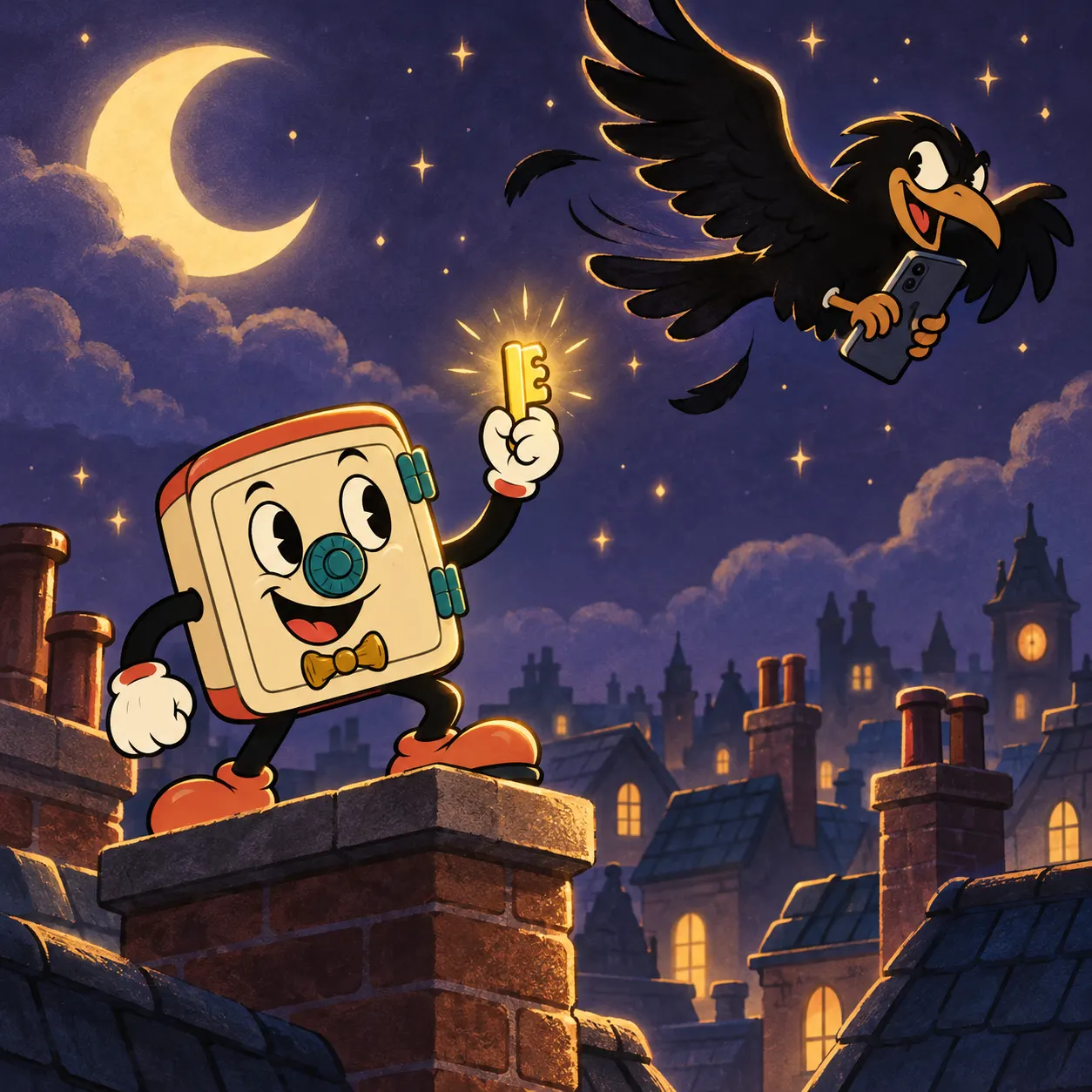 A crow holds half a key while Sam keeps the other half.