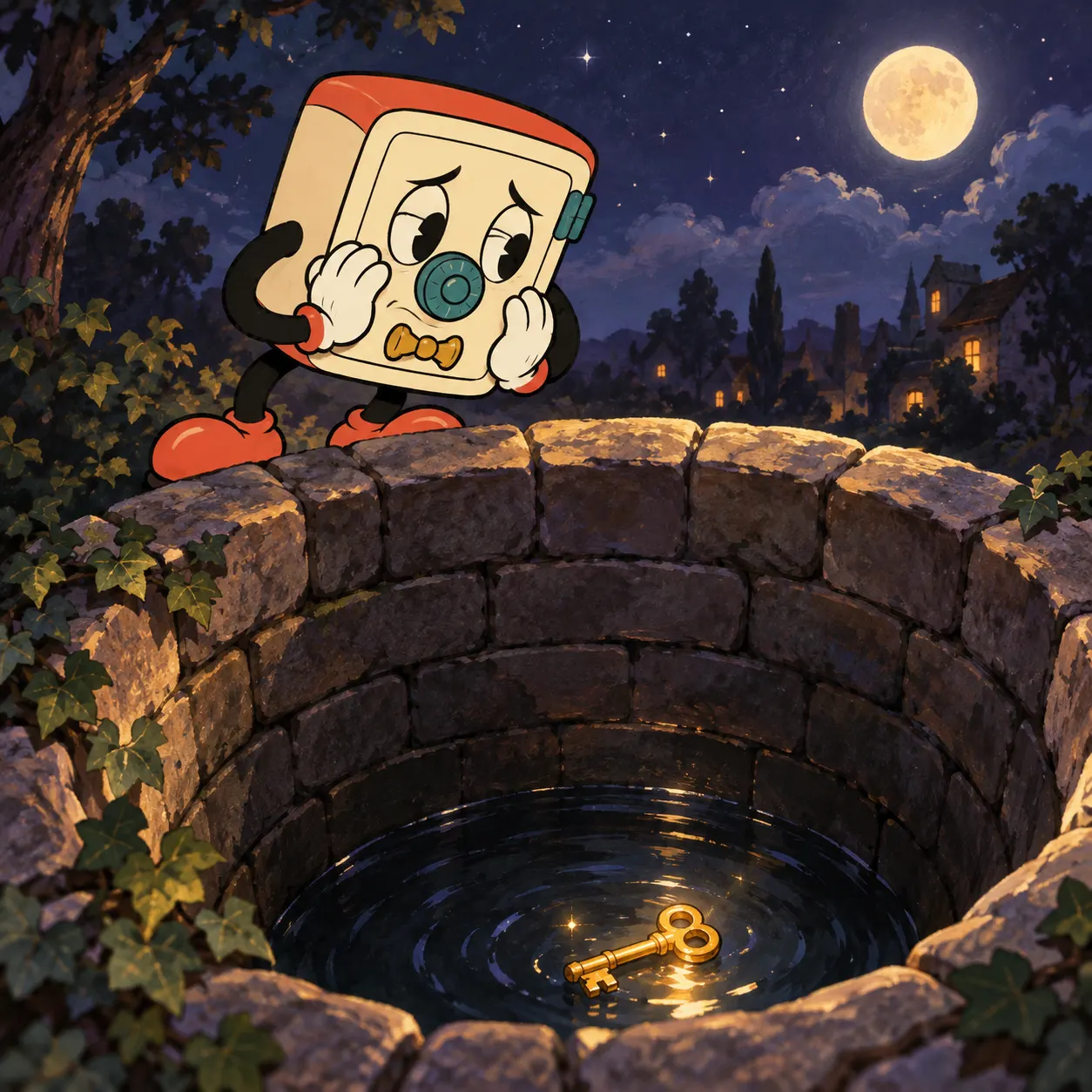 Sam peers down a well where his key has fallen.